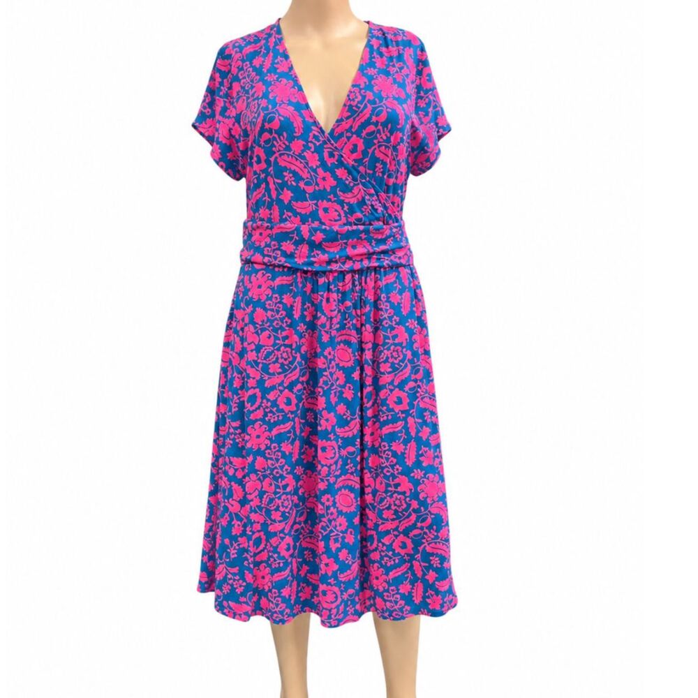 Boden Lola Jersey Dress Blue & Hot Pink Floral Sz 10 Petite